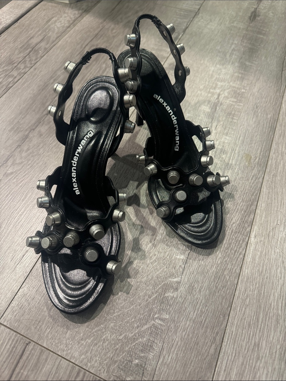 Alexander Wang Black Leather Slingback Heels with Silver Studs